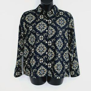 La Cabana Button Down Shirt XL Blue Green Floral Paisley Faux Suede Long Sleeve